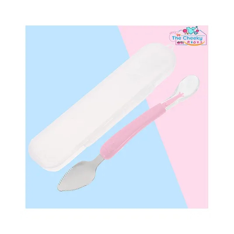 The Cheeky Kidzz Baby Double Head Bendable Silicone Food Spoon Fruit Scraping Self Feeding Stainless Steel Scraper Feeding Cutlery BPA Free (PINK)