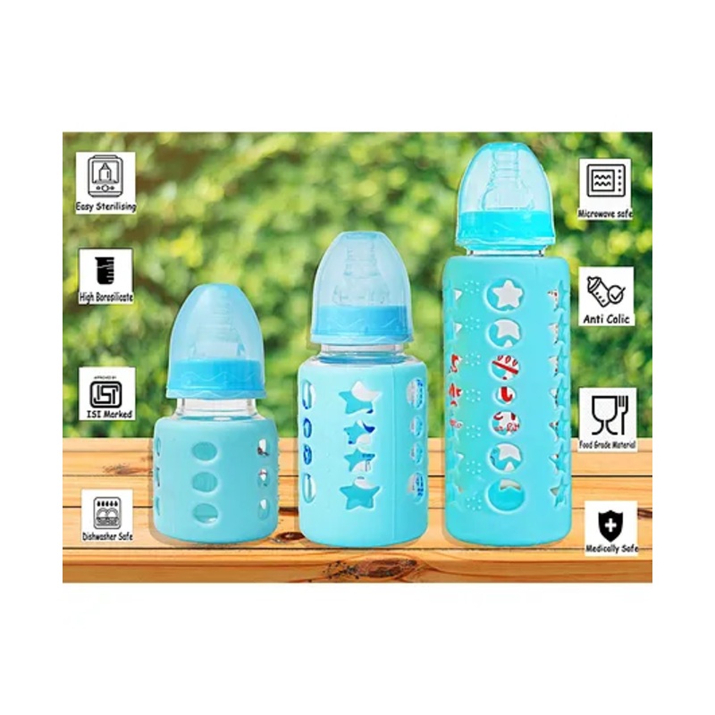 The Little Lookers High Borosilicate Glass Feeding Bottle  Pack of 3 – Blue