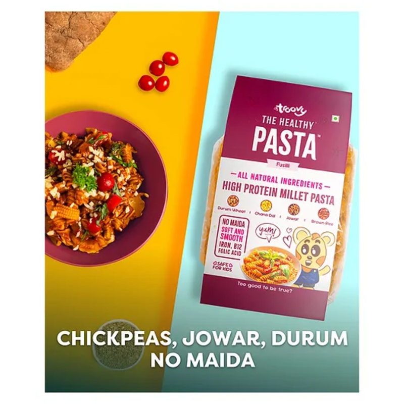 Troovy All Natural High Protein Millet Fusilli Pasta | No Maida | Rich in Iron, Vitamin B12, Folic Acid | No Preservatives, Or Palm Oil | Durum Wheat, Chana Dal, Brown Rice & Jowar | 400g