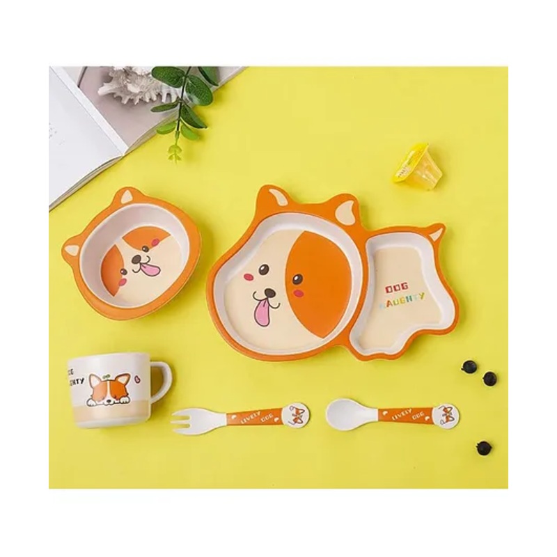 VELLIQUE Cartoon Animal Puppy Bamboo Fiber Dinnerware Plate and Bowl Set for Kids Toddler Plate Bowl Cup Spoon Fork Eco Friendly Non Toxic Self Feeding Baby Utensil Set of 5 Pcs – Multicolor