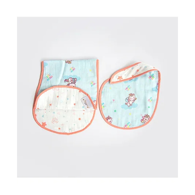 Yellow Doodle Unicorn Printed Reversible Organic Cotton Muslin Bib & Burp Cloth Set – Multicolour