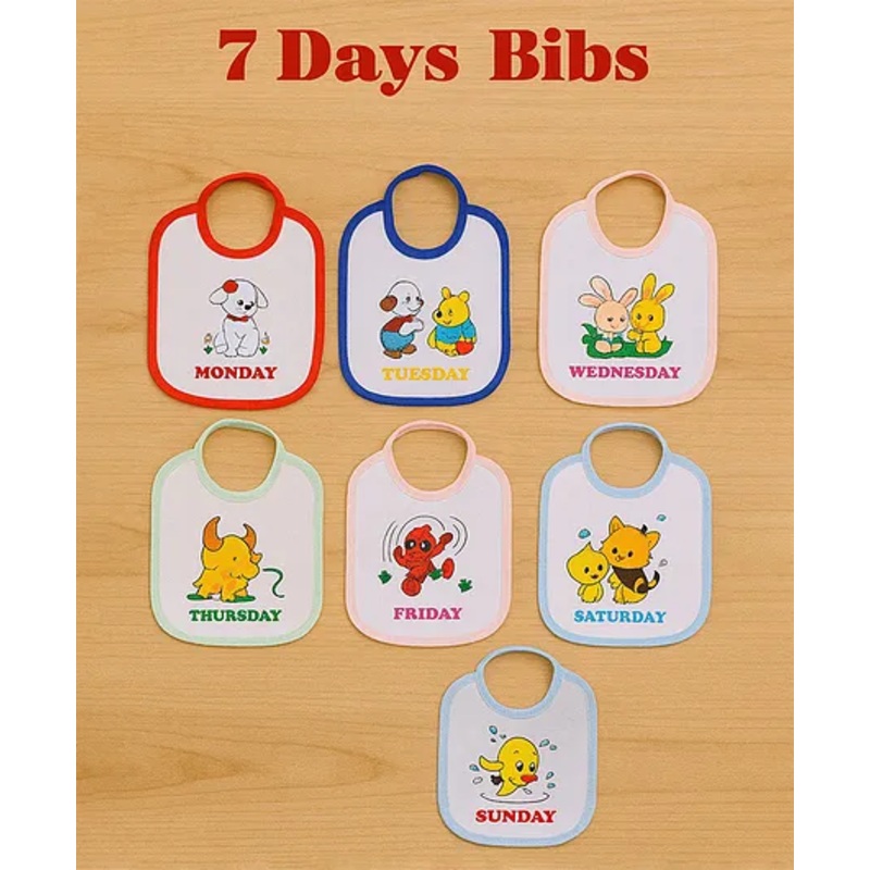 Badal Kidz 7 Days Baby Bibs Set – Soft Cotton, Colorful Embroidered Designs for Each Weekday, Easy Tie-up Closure (Pack of 7)