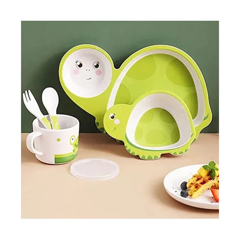Cartoon Animal Turtle Bamboo Fiber Dinnerware Plate And Bowl Set For Kids Toddler Plate Bowl Cup Spoon Fork Eco Friendly Non Toxic Self Feeding Baby Utensil Set of 5 Pcs – Green