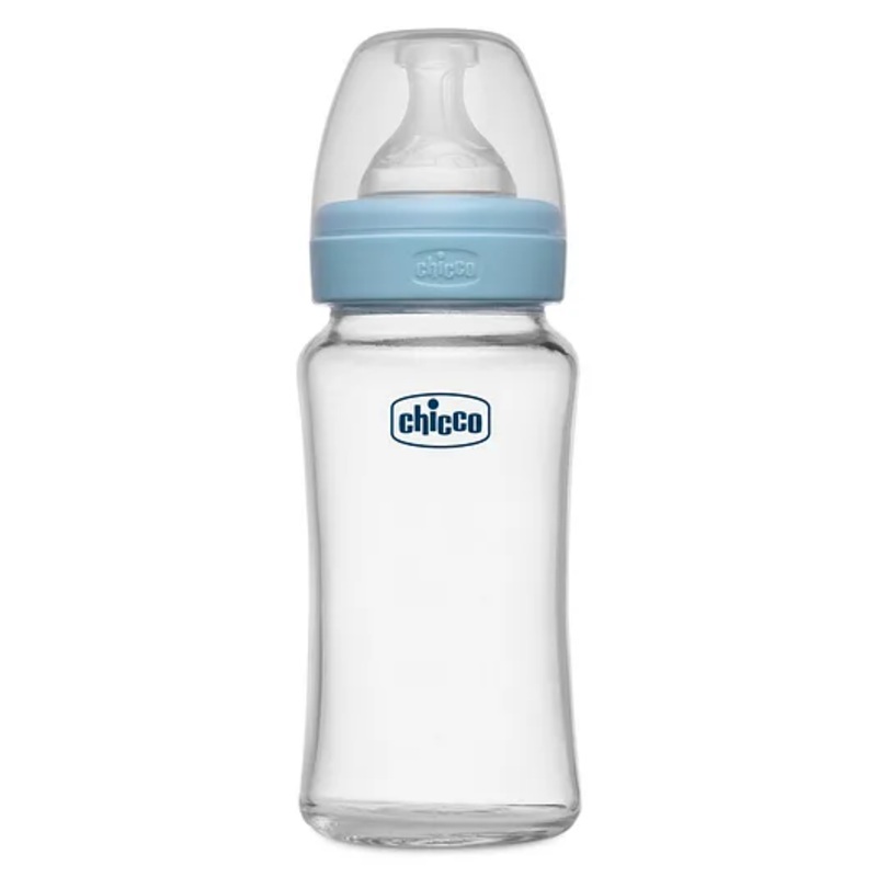 Chicco Well Being Glass Feeding Bottle Medium Flow Blue- 240 ml
