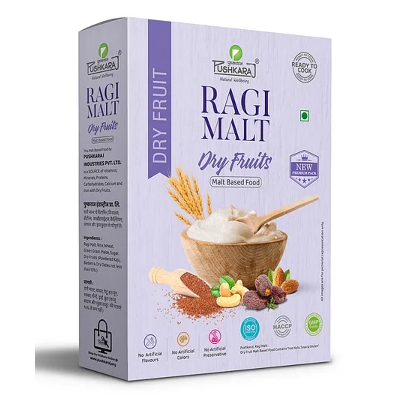 Pushkaraj Natural Ragi Malt Porridge Mix with Dry Fruits, Easy to Make Baby Food, 12-24 Months – 750g Total