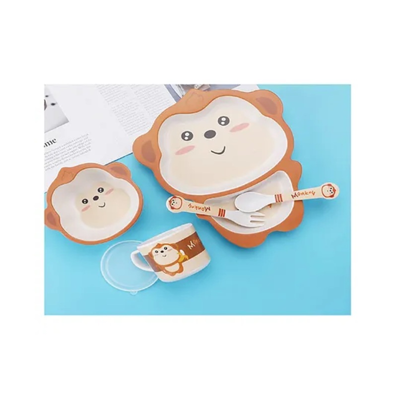 SANISHTH Cartoon Animal Monkey Bamboo Fiber Dinnerware Plate and Bowl Set for Kids Toddler Plate Bowl Cup Spoon Fork Eco Friendly Non Toxic Self Feeding Baby Utensil Set of 5 Pieces – Brown
