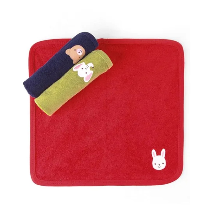 Simply Terry Knit Animal Embroidered Wash Cloths Pack of 3 – Red Olive Green & Navy Blue