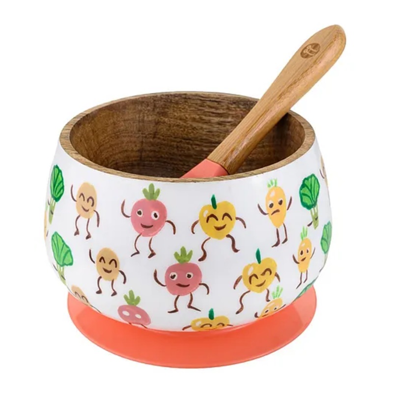 Taabartoli Veggie Delight Wooden Suction Bowl and Spoon Set – Orange