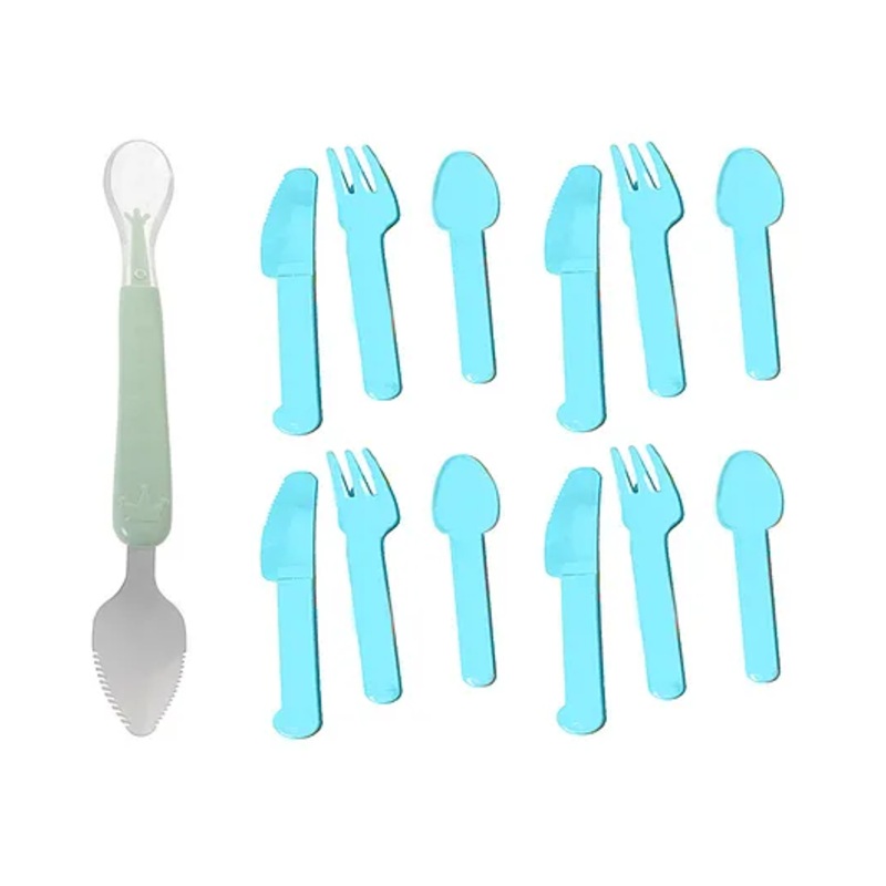 The Cheeky Kidzz Baby Double Head Silicone Spoon Bendable Steel Scraper With 12 Pieces Spoon Fork Knife Set For Babies BPA Free(MULTI-COLOURS)