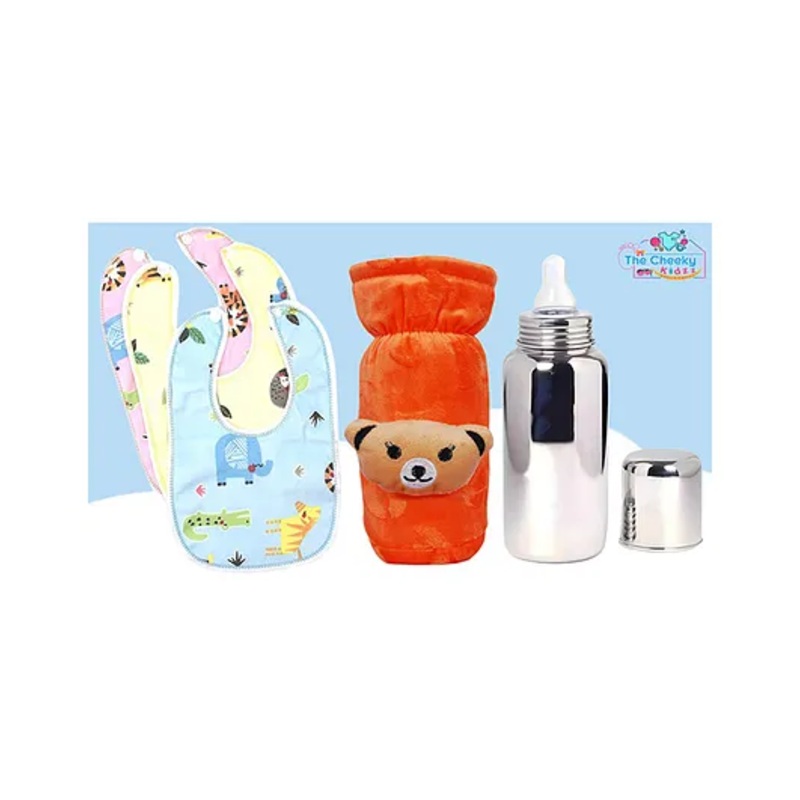 The Cheeky Kidzz Baby Stainless Steel Feeder Liquids Milk Juices Anti-Slip Feeding 240ml Bottle With Cute Bottle Cover and 3 Cotton Bibs (ORANGE)