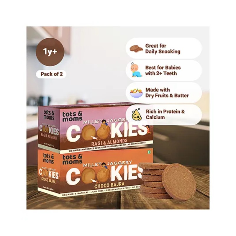 Tots & Moms Millet & Jaggery Cookies | Ragi & Almonds | Choco Bajra | 150g Each
