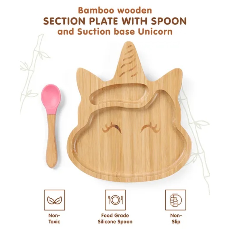Unicorn Shaped Bamboo Wooden 2 Compartment Section Plate with Spoon – Pink
