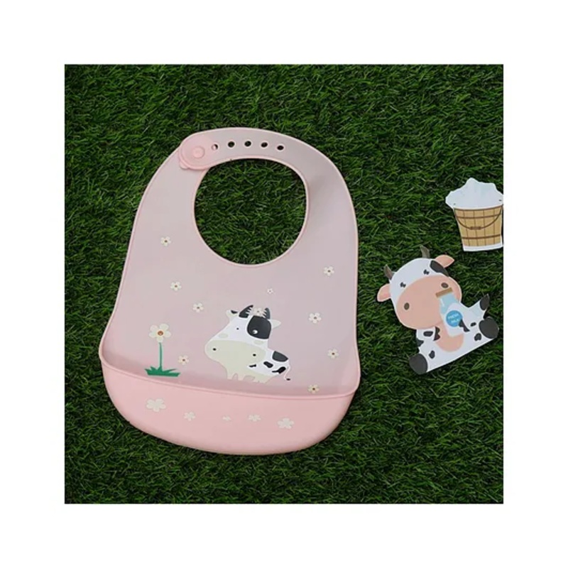 Yellow Bee Silicone Cow Print Bib  with Crumb Catcher and Adjustable Closure for Girls – Pink