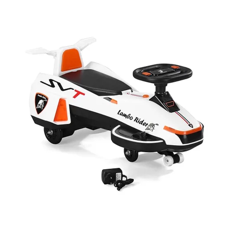 2 In 1 Kids Battery Operated Electrical Swing Car With Music & Lights –  White| Smooth PU Wheels| Comfortable Seat| Electric & Manual Operation