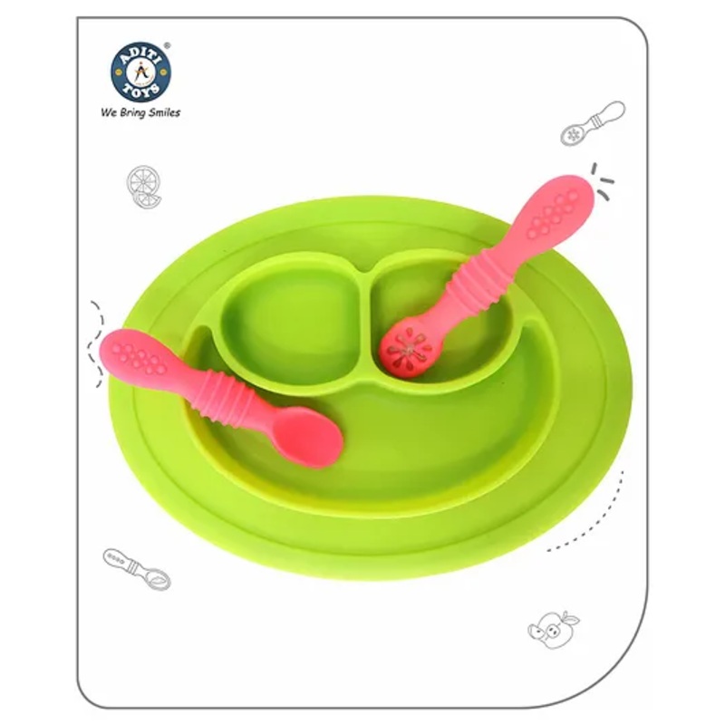 Aditi Toys Oval Baby Food Tray, Silicon Food Plate with Multiple Compartments & Two Spoons, Silicone Plate for Feeding Baby, Easy to Clean Silicon Plate Microwave & Dishwasher Safe. (Light Green)