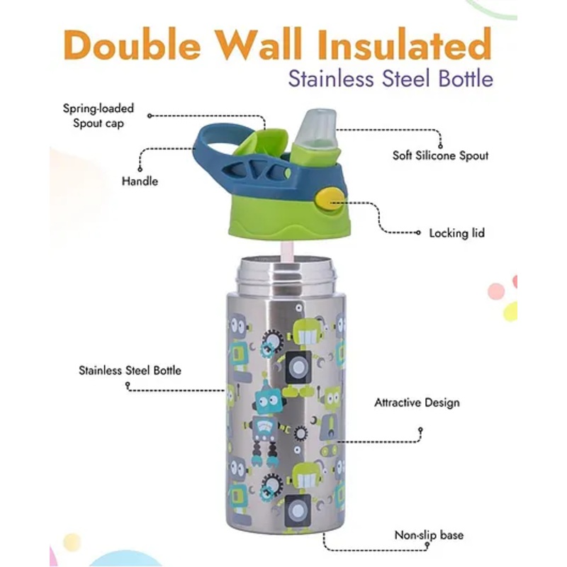 Adore Helios! Double Wall Insulated Stainless Steel Sipper 350ml – Green Robo