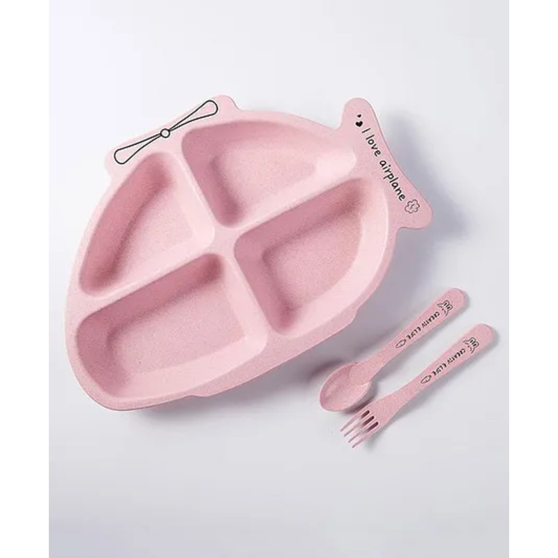 Airplane Shaped Section Plate With Spoon & Fork- Pink