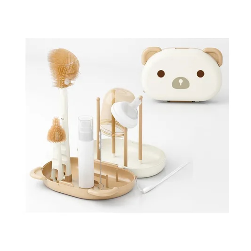 Baby Bottle Brush Cleaner Set With Removable Drying Stand Tray Baby Bottles Drying Rack With Storage Box,Soap Dispenser, Baby Travel Essential Bottle Brush Set – Cream