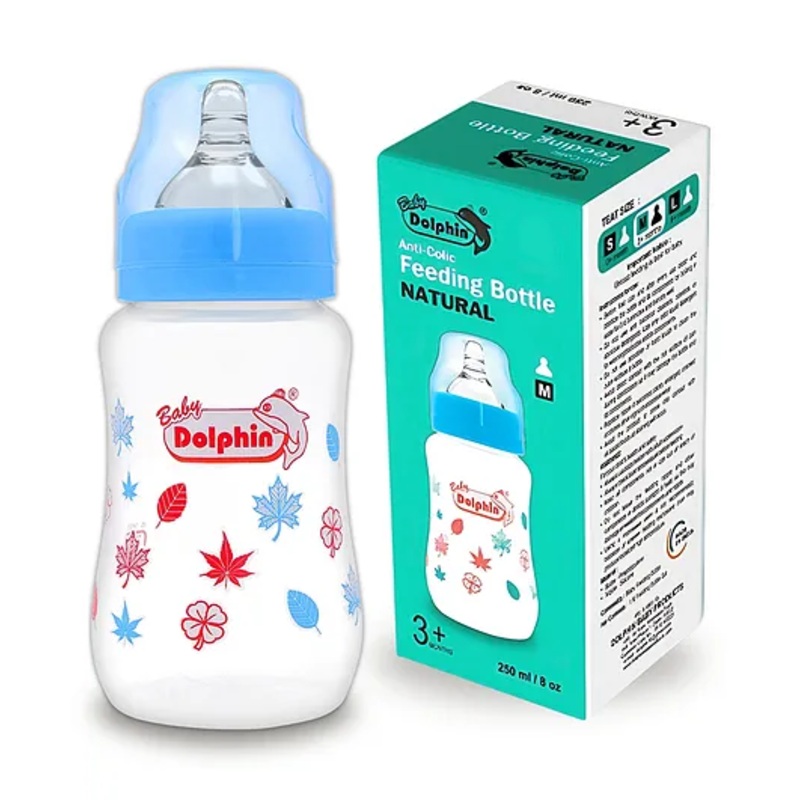 Baby Dolphin Anti-Colic Wide Neck Plastic Feeding Bottle | Pack of 1 | Silicone Nipple | Anti-Colic | Baby Milk Bottle| BPA Free | 250ml| Blue.