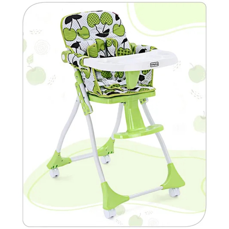 Babyhug Bloom High Chair with Foot Rest – Green| Compact Fold| Safety Harness| Removable Cushion| Adjustable Feeding Tray| Wheels with Lock