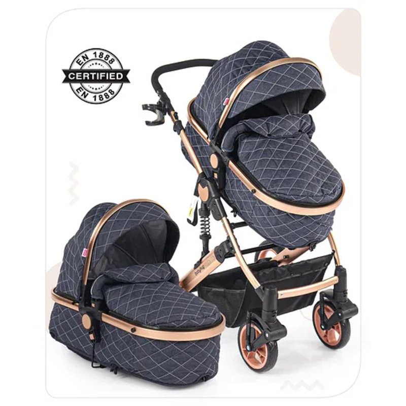 Babyhug Majestic Stroller Cum Carry Cot With Canopy – Blue Checked