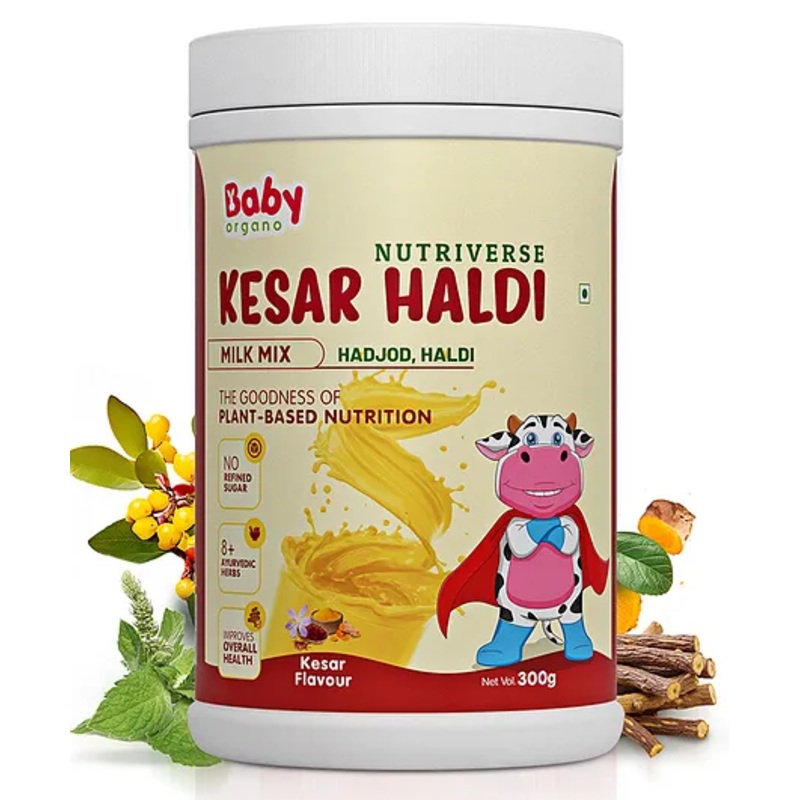 BabyOrgano Nutriverse Kesar Haldi Milk Mix Supports Healthy Growth & Development|High Protein &Vitamins,Gluten Free|Kesar Flavor – 300 g