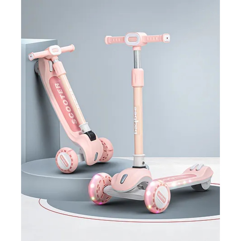 Baybee Cruze Pro Kick Scooter for Kids | Foldable Kids Scooter with 3 Height Adjustable Handle & Brake | Skate Scooter with Lights & Music | Runner Scooter for Kids (Pink)