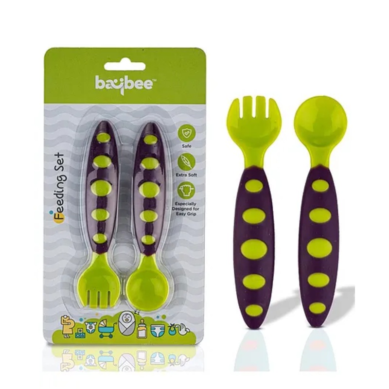 Baybee Heat Sensitive Soft Feeding Silicone Spoon And Fork Set – Green