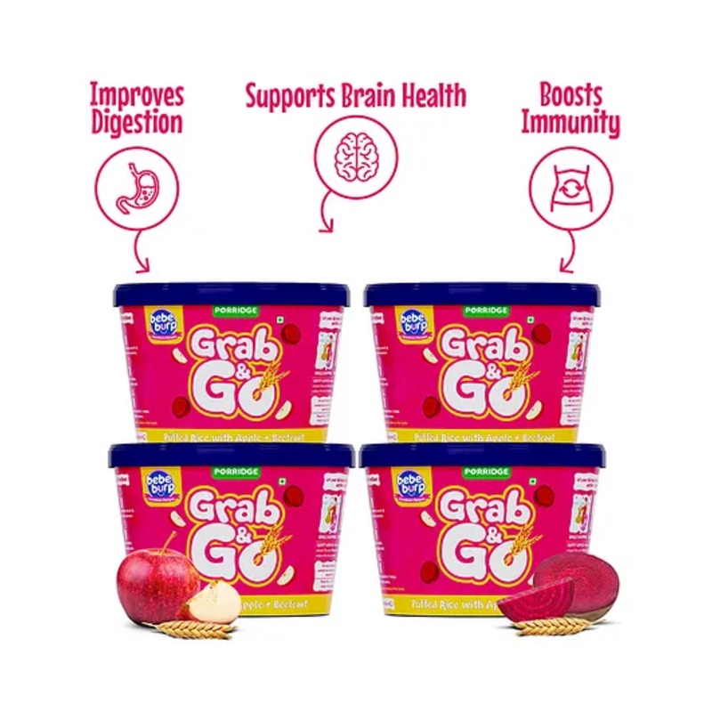 Bebe Burp Organic Baby Puffed Rice Porridge – Apple & Beetroot, Preservative-Free, 4-Pack, 25g Each