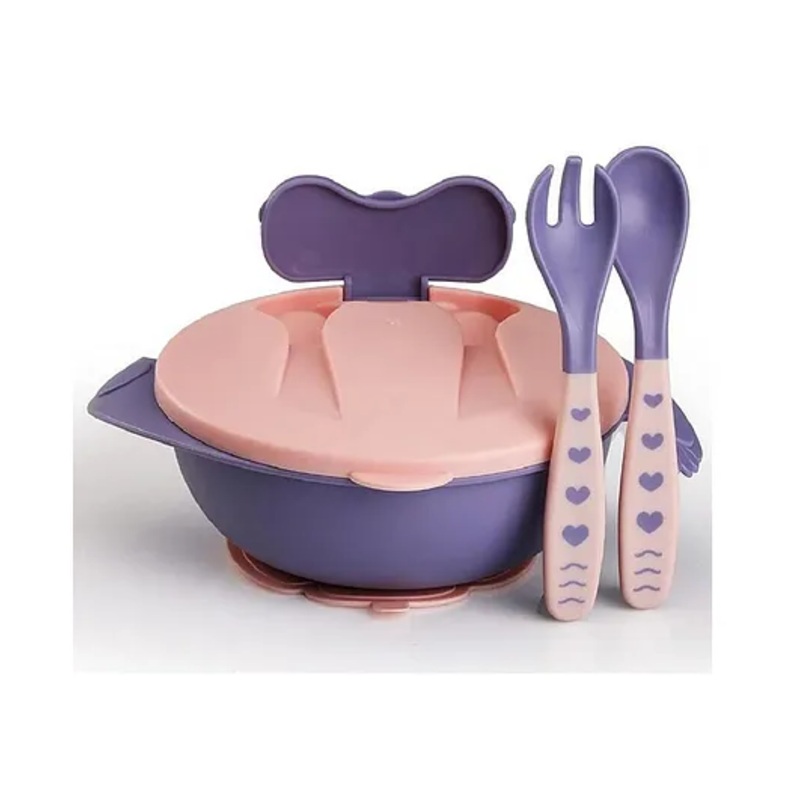 COMERCIO Baby Feeding Bowl with Lid, Spoon & Fork Set, for Feeding & Weaning, Feeding Practice Bowl – Color May Vary