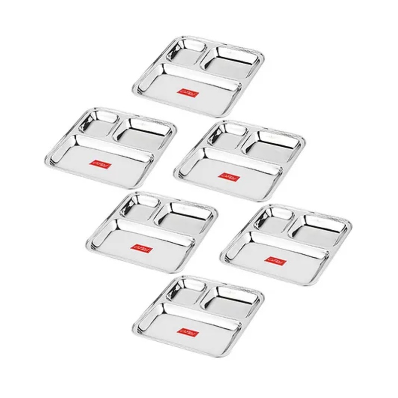 CutTales 6 Plate Stainless Steel Paw Bhaji 3 Compartment Plates Set For Kids | Ideal For Dinner, Snack , Other Home Foods | Non Toxic And Dishwasher Safe Plates