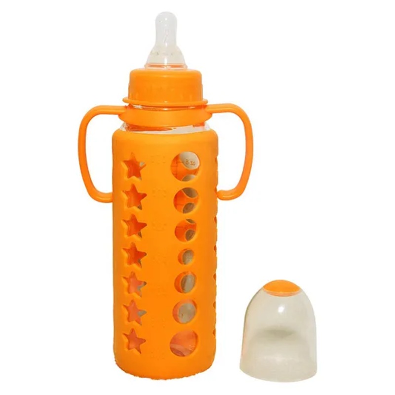 Domenico Premium Glass Baby Feeding Bottle For Kids Ultrasoft Nipple Glass Feeding Bottle With Silicone Cover Feeding Bottle for Milk And Baby Drinks No Leakage Orange – 240 ml
