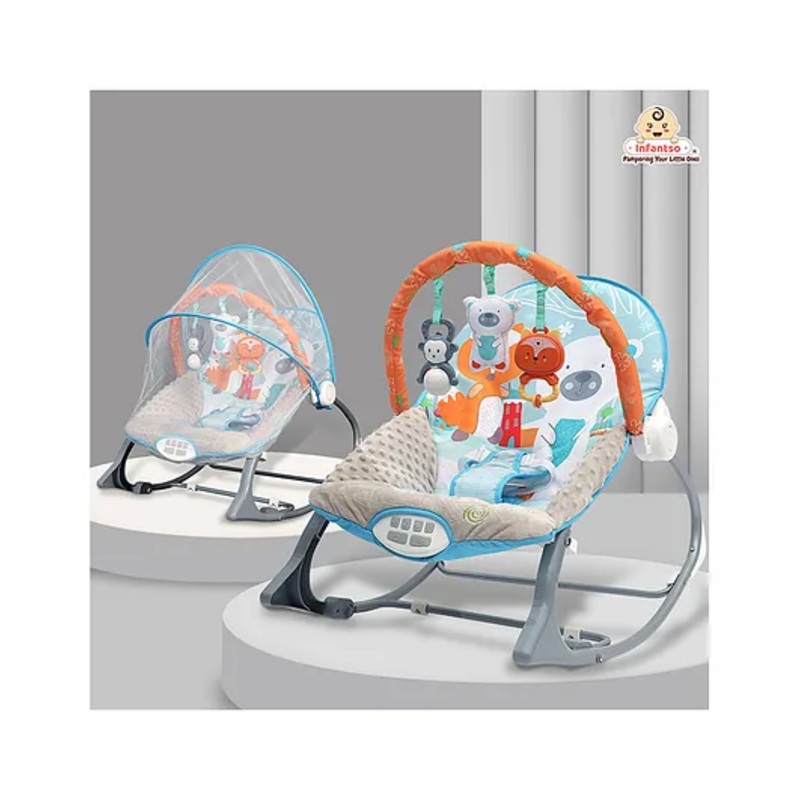 INFANTSO Baby Rocker Portable with Free Mosquito Net & Calming Vibrations & Musical Toy – Blue
