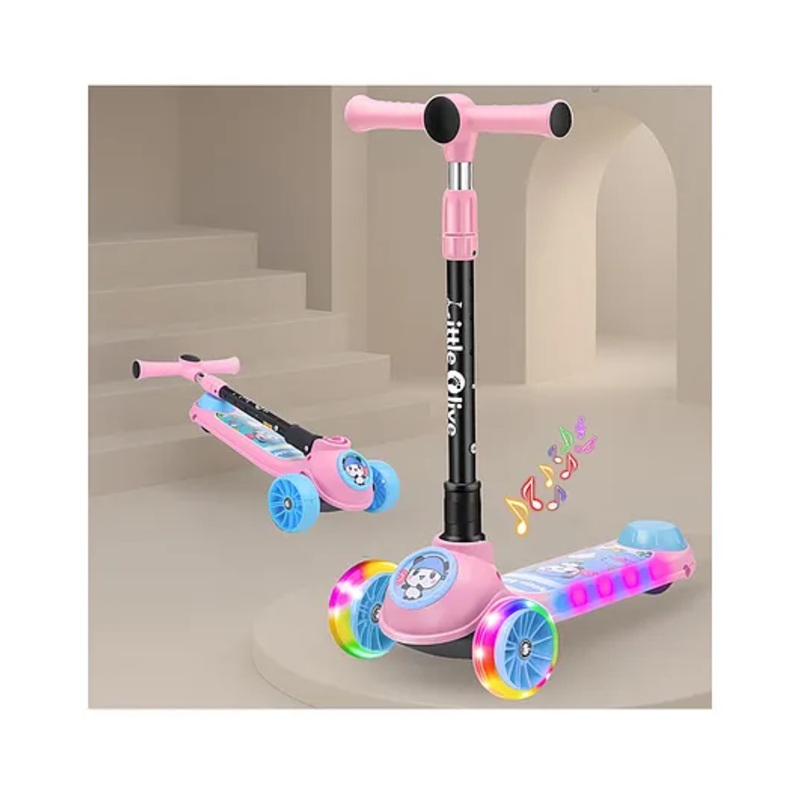 Little Olive Kids Studio Musical LED Scooter with Adjustable Height & Safety Features – Pink