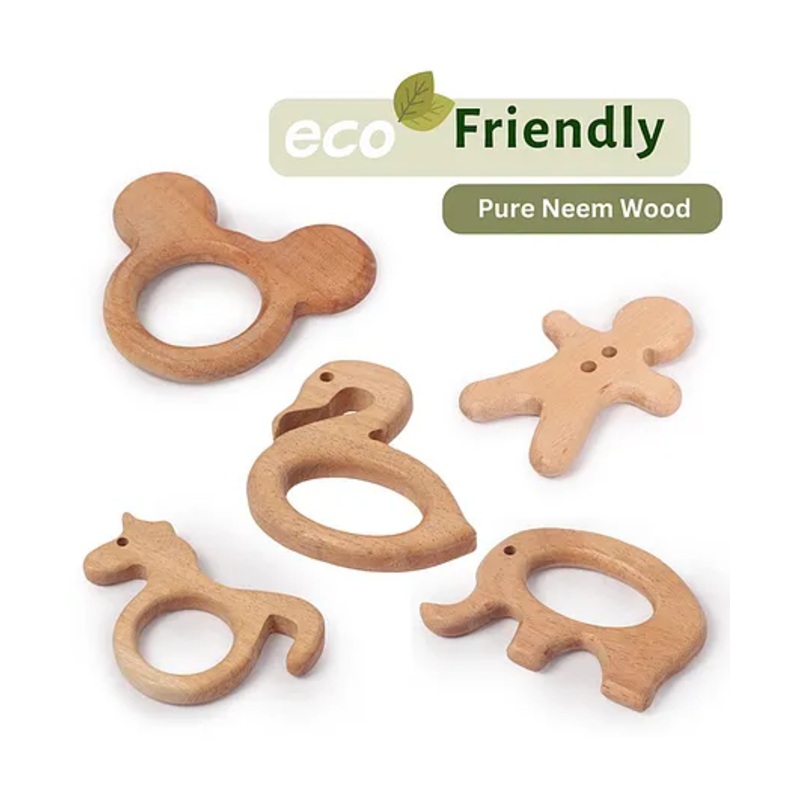 OpaToys Natural Wooden Combo Neem Teethers Set (pack of 5 Pieces) -5 Shapes of Teethers (MickeyMouse, Crane, Unicorn,Elephant & Human )