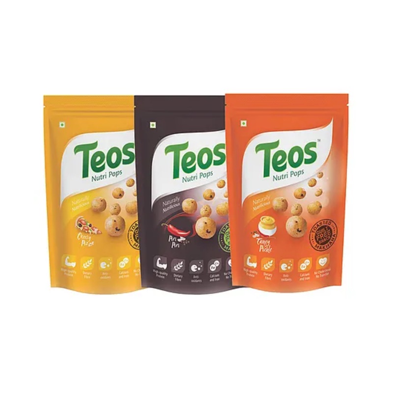 Teos Nutri Pops Roasted Makhana Cheesy Pizza Piri Piri & Tangy Pickle Pack of 3 – 195 g