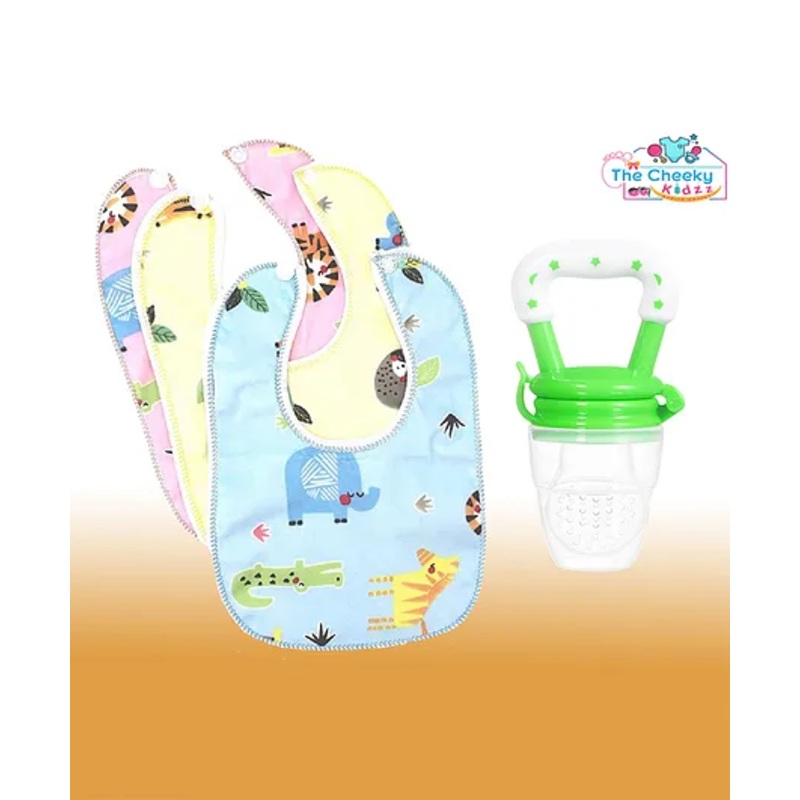 The Cheeky Kidzz Baby Soother Fruit Vegetable Food Feeder Nibbler Teething Teether with 3 Feeding Bibs (GREEN)