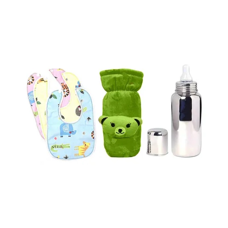 The Cheeky Kidzz Baby Stainless Steel Feeder Liquids Milk Juices Anti-Slip Feeding 240ml Bottle With Cute Bottle Cover and 3 Cotton Bibs (GREEN)