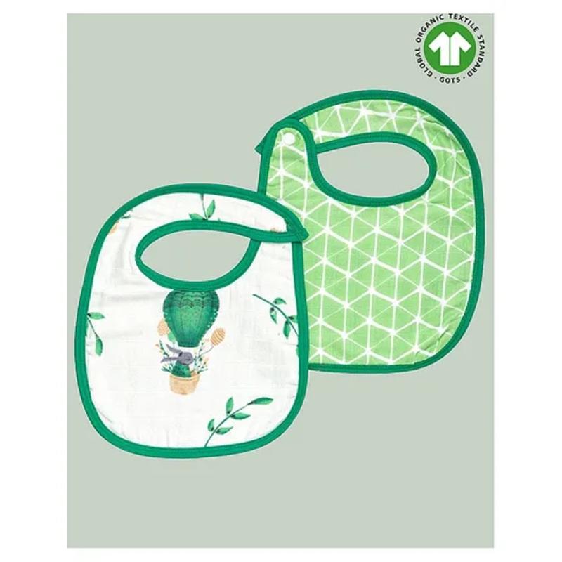Theoni Organic Cotton Muslin 3 Layered Bibs Bunny Print Pack of 2 – Green