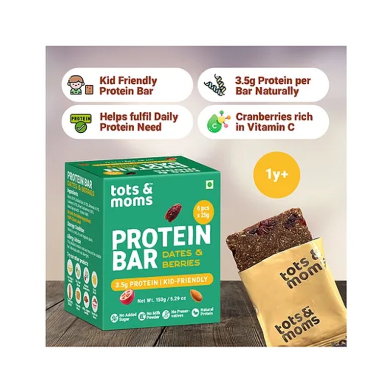 Tots & Moms Kids-Friendly Protein Bar  Dates & Cranberries (25g x 6) | 3.5g Protein per Bar | Antioxidant-Rich & High-Fiber | No Refined Sugar or Artificial Additives