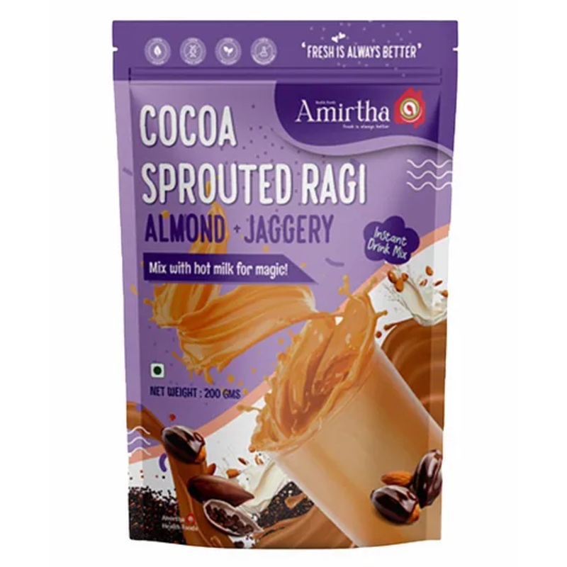 Amirtha Health Foods – Cocoa Sprouted Ragi Almond Drink mix – 200g |  Chocolate Drink (Mild & pure cocoa) | Instant – Mix with milk | No Refined sugar