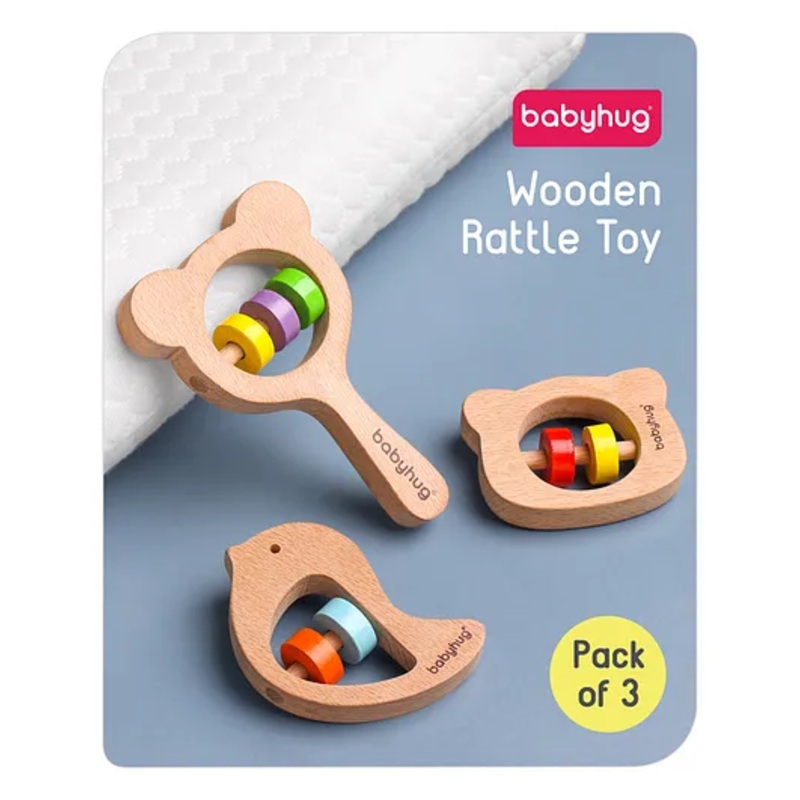 Babyhug Wooden Teething Rattle Toy – Pack of 3 | Safe Wooden Teethers & Rattles For Babies | Eco-Friendly & Helps Soothe Teething Pain While Improving Grip Skills | Multicolor | BIS Certified