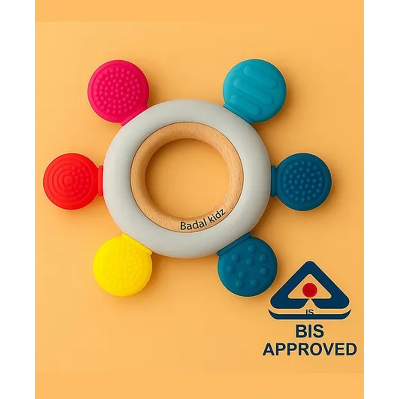 Badal Kidz BPA-Free & BIS Approved Wooden-Silicone Flower Teether for Babies – Textured Surface for Gum Relief (0M+) -Dark Multi