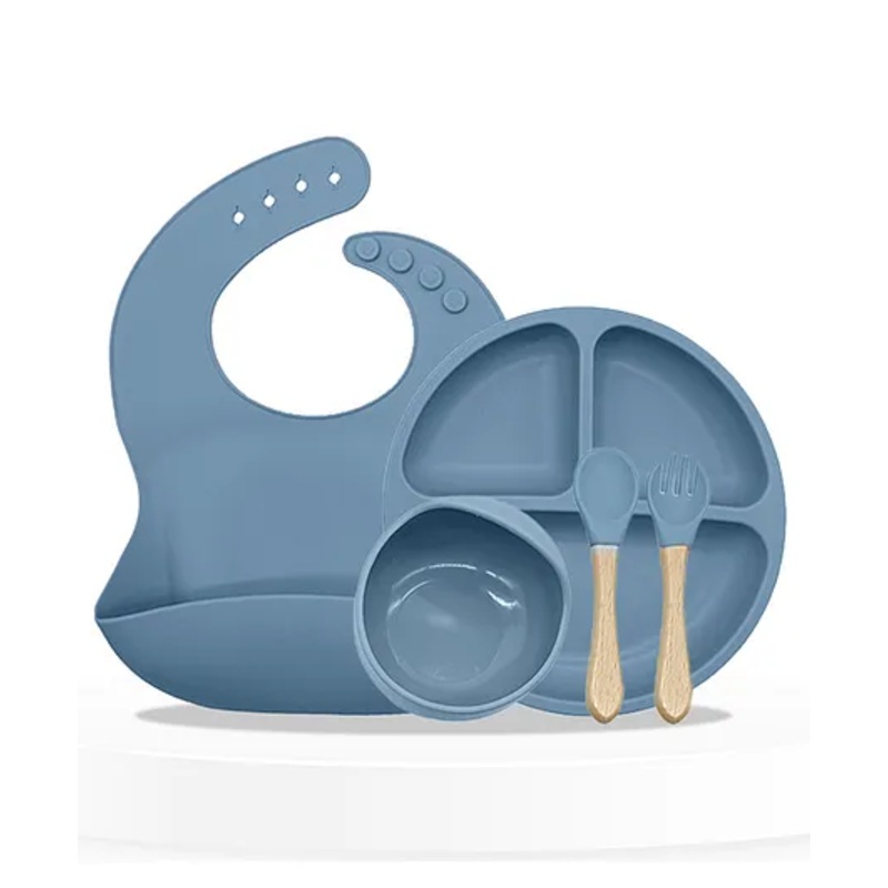 Bembika Baby Dinner Set Silicone Tableware Set With Bib For Baby Infant Pack Of 5  Blue
