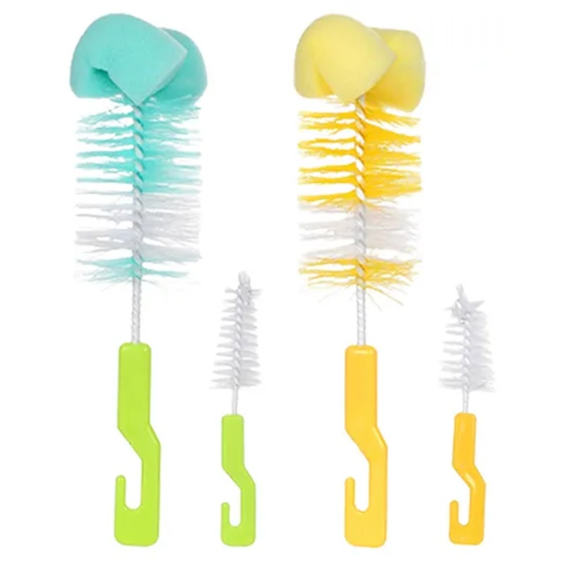 Chinmay Kids 4 Pcs Baby Milk Bottle Brush Nipple Straw Cleaner Sponge Flexible Handle & Bristles Brush Cleaner – Yellow & Blue