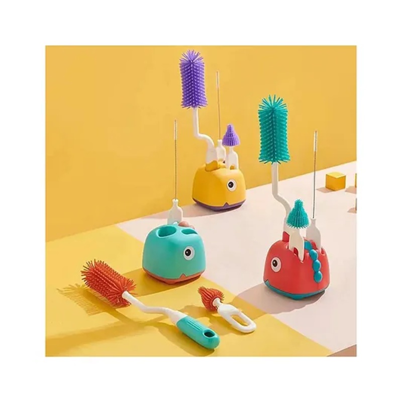Comercio Dino Design Scratch Free  4 in 1 Rotary Bottle and Teat Cleaning Brush Kit With Stand – Color & Design May Vary