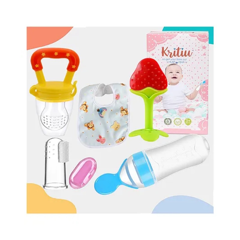 Kritiu Baby Fruit Feeder Pacifier Silicone Baby Food Dispensing Spoon 90 ml Fruit Teether Finger Brush & Baby Bib Combo – Multicolor