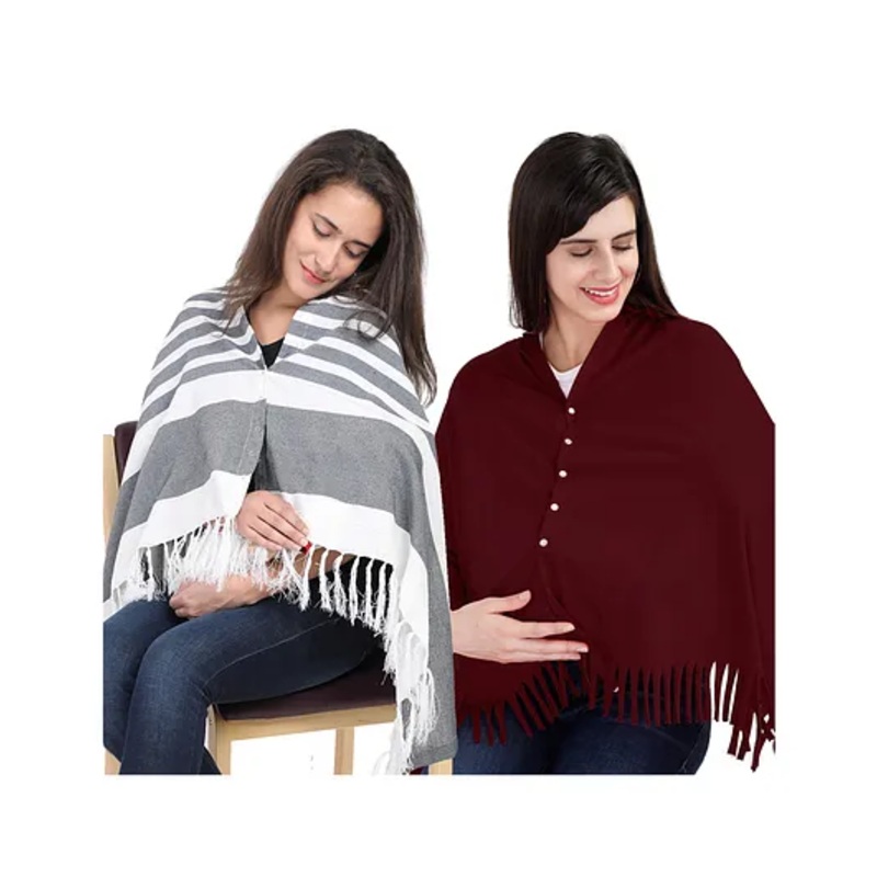 Lulamom Multi-Purpose Breast Feeding Nursing Shawl – Pack of 2 (Navy stripes & Maroon solid)