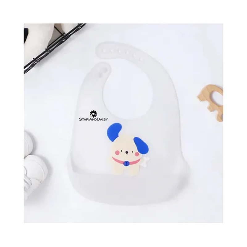 StarAndDaisy Reusable Silicone Baby Bib with Adjustable Buttons for Mess-Free Feeding, Weaning, and Easy Cleaning and Waterproof. (PACK OF 2-PRINTED White)