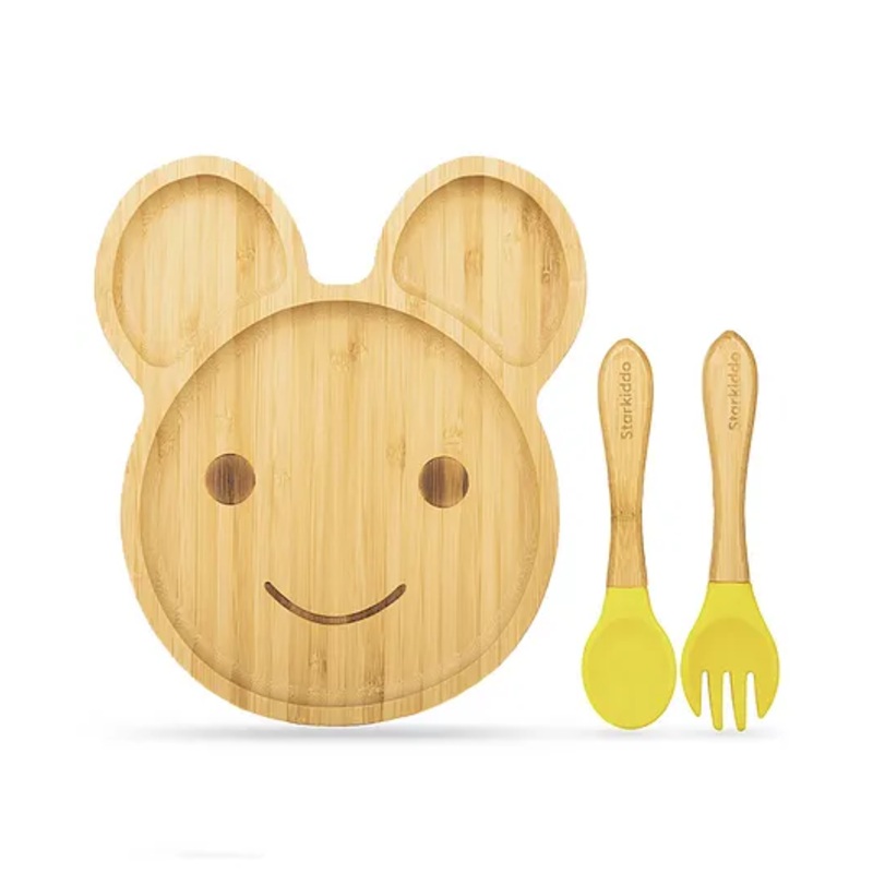 Starkiddo Teddy Bamboo Suction Plate and Learning Weaning Set – Yellow